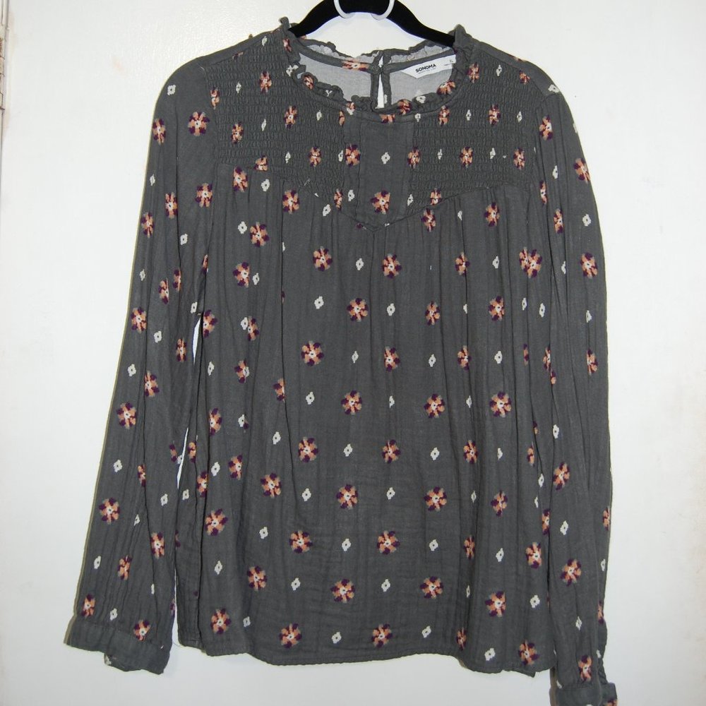 Sonoma, grey, floral, flannel, smocked top